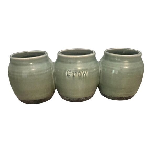 Mud Pie 3 Pot Herb Planter Ceramic 10.5 Inch Long Green - Picture 1 of 7